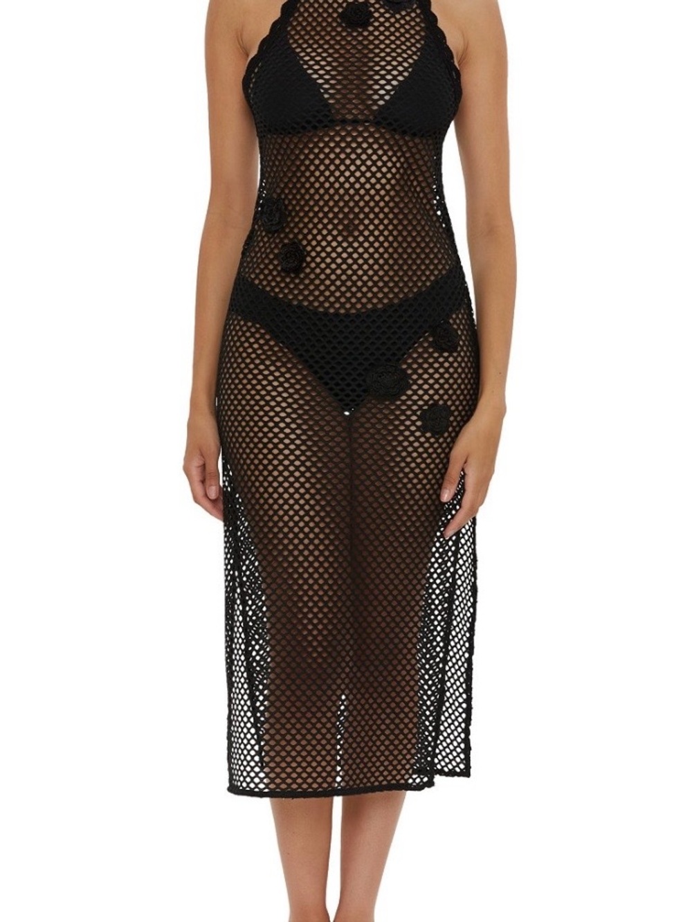 BECCA Crochet Black Swim Fishnet Halter Midi Cover-Up Size Medium NWTS
